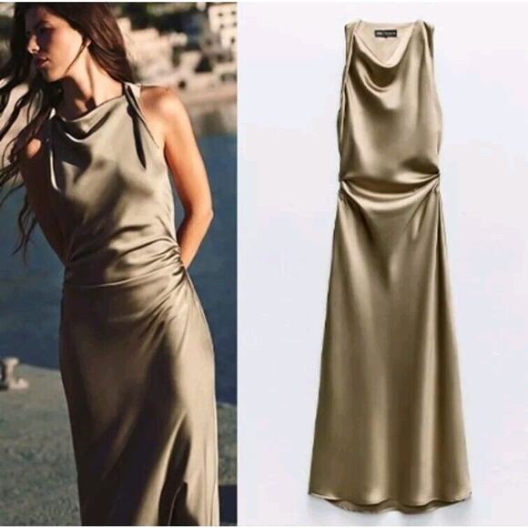 Zara Olive Green Satin Maxi Dress - Picture 1 of 13
